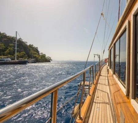 View from the deck of a traditional gulet cruising on the Olympos to Fethiye three nights gulet cruise in Turkey