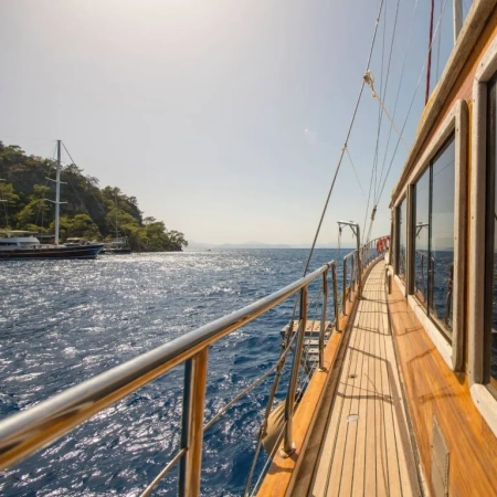 View from the deck of a traditional gulet cruising on the Olympos to Fethiye three nights gulet cruise in Turkey
