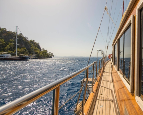 View from the deck of a traditional gulet cruising on the Olympos to Fethiye three nights gulet cruise in Turkey