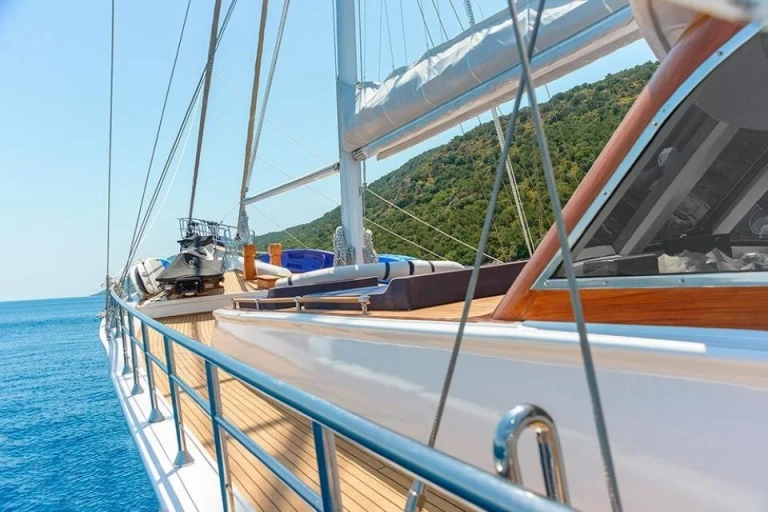Side view of Dolce Mare's wooden deck and railings